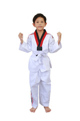 Portrait of Asian boy kid age 7 years old poses in martial arts Practice taekwondo, karate, judo against white studio background.