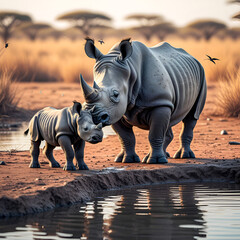 Fototapeta premium Mother and baby rhino getting ready to drink