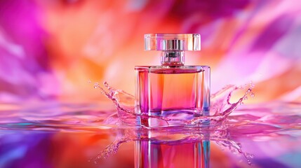 Vibrant perfume bottle splashing in colorful water with abstract background and reflections