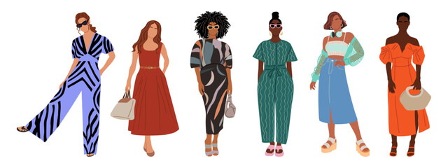 Vector set of diverse women in trendy summer street fashion, dresses, skirts, jumpsuits. Full length characters standing, isolated on transparent background. Stylish and inclusive design