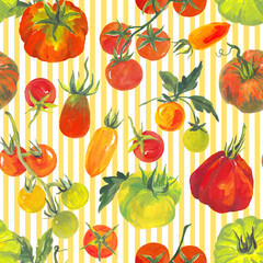Trendy seamless Summer Tropical Bliss Vacation Seamless pattern with tomatoes and striped background. Acrylic style , Design for fashion , fabric, textile, and all prints