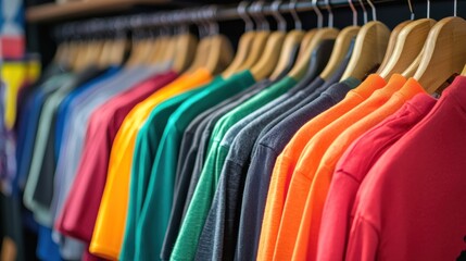 A colorful rack of clothing, including shirts in various colors such as blue, green, orange, red, and yellow, hanging on wooden hangers in a store.