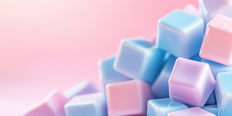 Fototapeta premium Pastel colored candy cubes stacked against a soft pink and blue gradient background