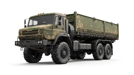 A military truck with camouflage paint and a trailer, parked on a white background.