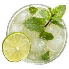 Refreshing summer cocktail, top-down view, featuring vibrant lime slices fresh mint leaves and crystal-clear ice cubes in a cool drink