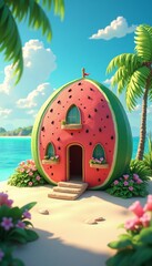 Watermelon -shaped house on the beach with palm trees Watermelon
