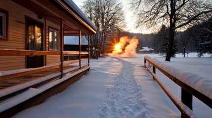 Winter Cabin Scene at Sunset with Snowy Footprints