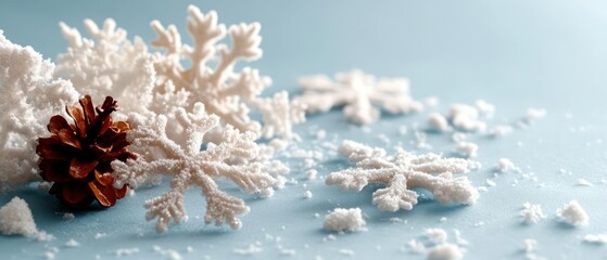 Winter scene with snowflakes and pine cone on light blue backdro