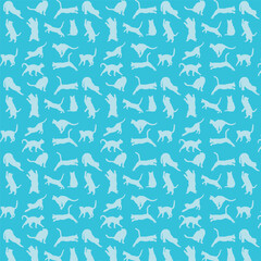 White cats in different poses on blue background,seamless pattern with cats