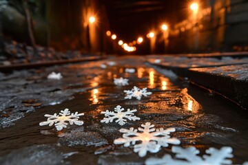 Winter Scene with Snowflakes and Reflections at Night