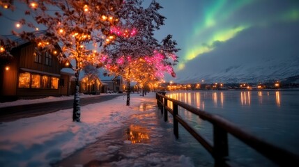 Winter Wonderland: Snowy Lakeside Town at Night