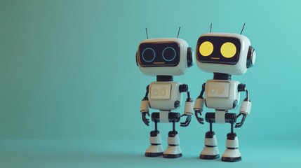 Two cute, white robots with black accents and glowing eyes, standing on a teal background.