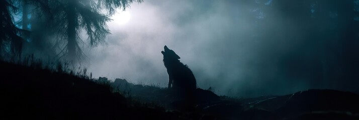 Wolf Howling at the Moon in a Misty Forest