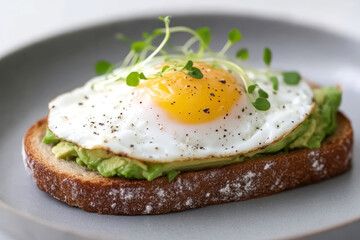 Sunny side up egg on avocado toast with microgreens gourmet healthy breakfast plate