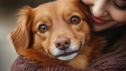 Woman Embracing Sweet Ginger Dog with Affection