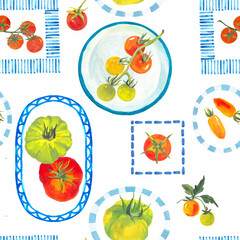 Mediterranean summer seamless pattern featuring cute Italian cuisine elements, farm tomatoes, and traditional ceramic plates. Perfect for textile design, wallpaper, packaging, and kitchen-themed