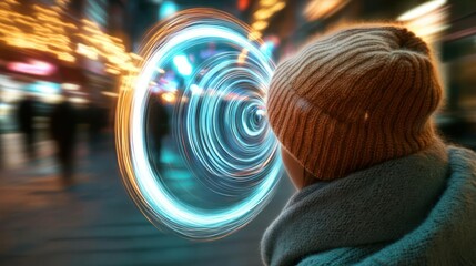 Woman Looking at Swirling Light Portal in City Street