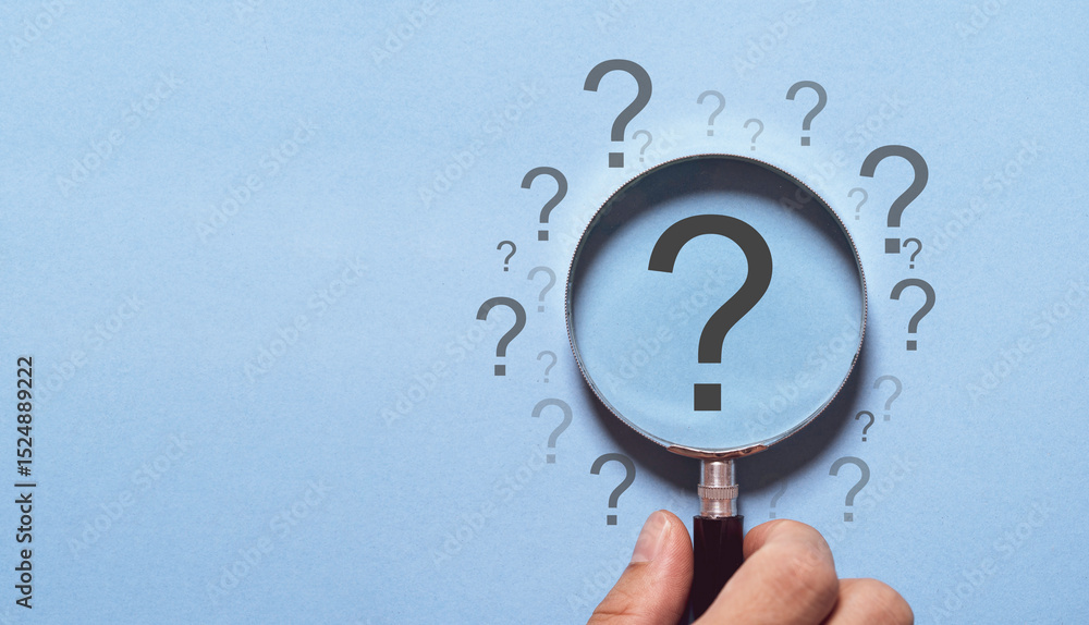 Poster hand holding magnifier glass with question mark for focus and concentrate in problem solving and sol