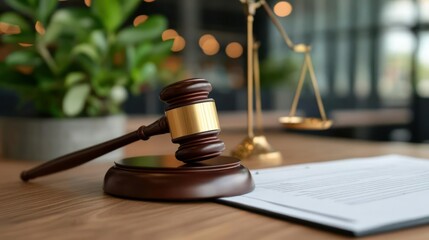 Wooden gavel and scales of justice in courtroom setting.