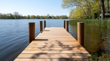 Wooden Dock Over Still Lake Water on Sunny Day