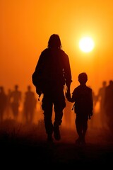 Minimalist silhouette of long-haired man holding child's hand at sunset, travelers with backpacks in background
