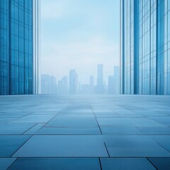 Fototapeta premium Modern city vista seen through glass skyscrapers from a plaza