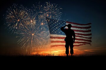 Elderly American soldier saluting proudly before waving flag with fireworks illuminating night sky at Victory Day