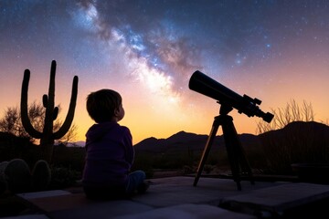 Young Boy Gazing at Milky Way Through Telescope in Desert