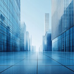 Modern city street scene with towering glass skyscrapers and a wide, empty plaza