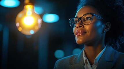 Young professional woman looking towards bright idea.