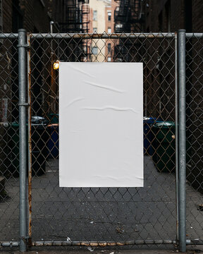 Street Advertising Mockup: Empty Poster on Industrial Chain Link Fence in City Alley