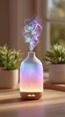 Scent-based therapy using natural essential oils and botanicals, A colorful diffuser emits aromatic mist in a cozy indoor setting. Designed for holistic wellness with scent-based therapy practices