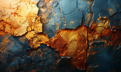 An abstract texture of cracked, rust-colored surface with blue undertones