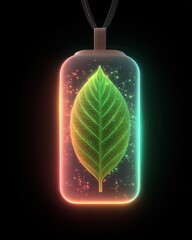Scent-based therapy using natural essential oils and botanicals, A glowing leaf encased in a glass battery-inspired design. Designed for holistic wellness with scent-based therapy practices
