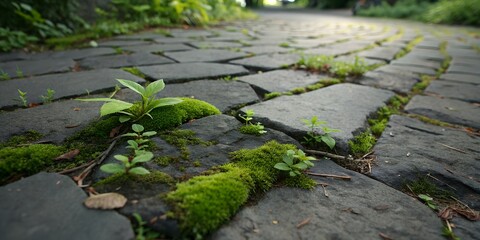 Naklejka premium Dark grey stone pavement texture with green moss and plants growing between the cracks.