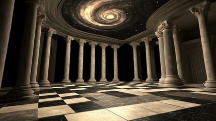 Majestic colonnaded hall with cosmic ceiling.