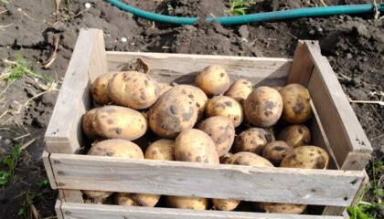Potatoes freshly harvested from the field, resting in a wooden crate, ready for the next stage of their journey from farm to table