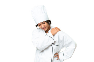 Young chef Argentinian woman over isolated background suffering from pain in shoulder for having made an effort
