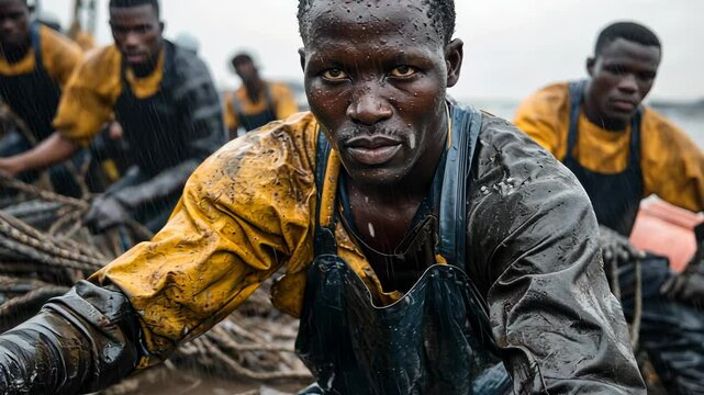 Workers handling fishing nets