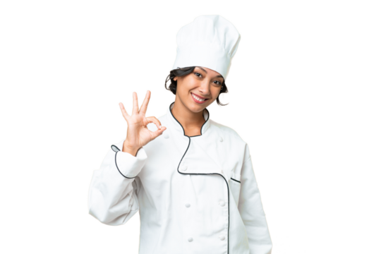 Young chef Argentinian woman over isolated background showing ok sign with fingers