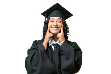 Young university graduate Argentinian woman over isolated background smiling with a happy and...
