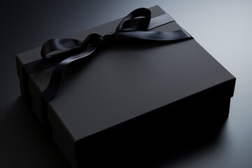 Close-up of elegant closed black gift box with blank mockup space