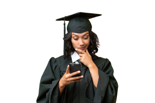 Young university graduate Argentinian woman over isolated background thinking and sending a message