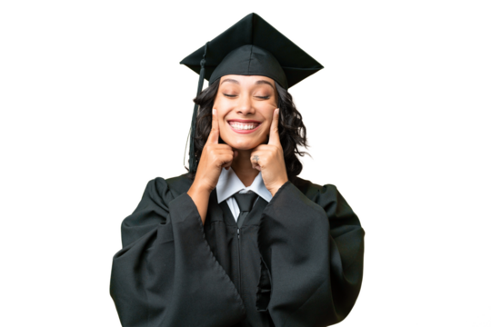 Young university graduate Argentinian woman over isolated background smiling with a happy and pleasant expression