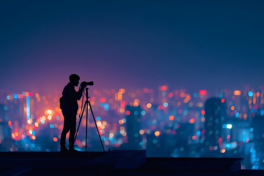 Photographer captures vibrant city lights from a rooftop vantage point at night, creating a beautiful silhouette against the urban landscape.