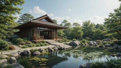 Obraz premium Serene Traditional Japanese Garden with Pond and Pavilion