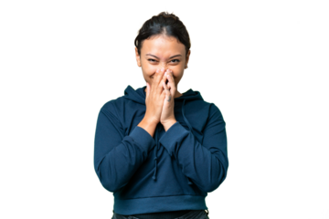 Young Uruguayan woman over isolated chroma key background happy and smiling covering mouth with hands