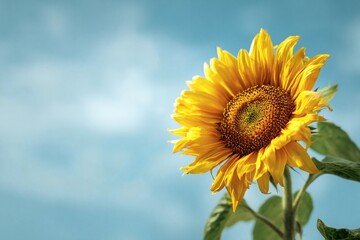 Obraz premium Radiant sunflower against a soft sky, capturing summer's warmth and golden hues in nature's floral masterpiece.