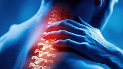 A man holding his neck in pain, with a blue and red color scheme and a blue background.