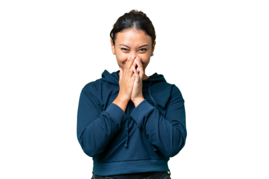 Young Uruguayan woman over isolated chroma key background happy and smiling covering mouth with hands